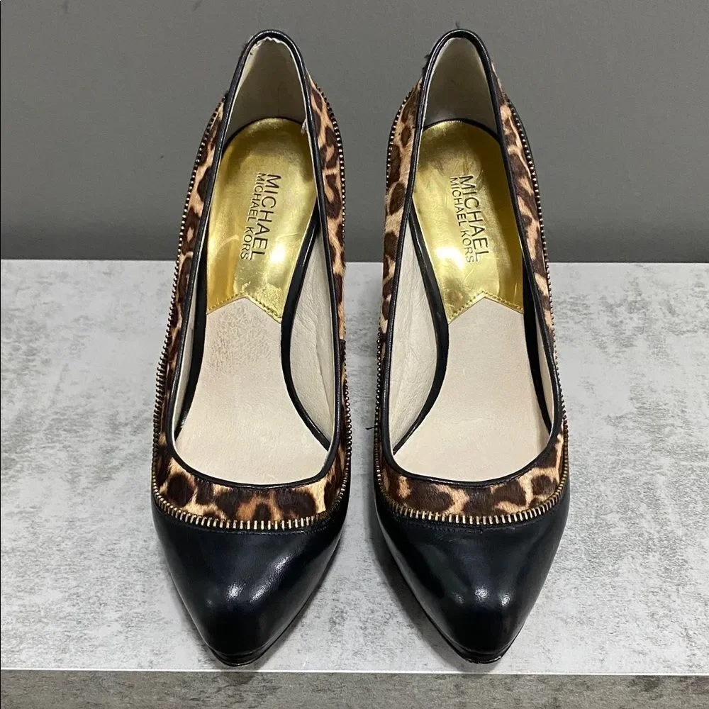 Michael Kors Leopard Cowhide and Black Stiletto Heels Size 8